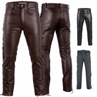 Front & Rear view of natural buffalo brown leather pants, fully laced for a customizable fit. Crafted for comfort, durability, & style. Stand out with soft, snug, & stylish biker jeans. In Stock. FREE next business day delivery