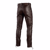 The side view of brown classic Men's leather biker jeans, meticulously crafted from real buffalo leather. Experience luxury and durability in every stride. Shop now for premium leather fashion! Buy online today &avail of free delivery on next business day