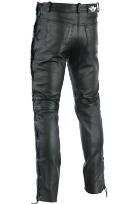Leather trousers Biker jeans Aniline Leather sideways laced Black ...