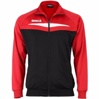 Vorderansicht einer roten Omka-Fußballjacke mit durchgehendem Reißverschluss, schwarzen und weißen Akzenten, langen Ärmeln, verstellbarem Bund und doppellagigem Design aus Polyestergewebe.