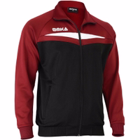Seitenansicht der Omka-Sportjacke in Weinrot mit schwarzen und weißen Akzenten. Diese Trainingsjacke ist aus 100 % Polyester gefertigt und verfügt über einen verstellbaren Bund sowie einen Stehkragen.