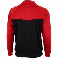 Rückansicht der Omka-Sportjacke in Rot mit schwarzen Akzenten. Sie verfügt über lange Ärmel, einen Stehkragen und einen verstellbaren Bund für eine optimale Passform. Hergestellt aus 100 % Polyester – ideal zum Joggen mit sportlichem, stylischem Look.