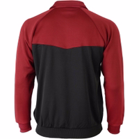 Rückansicht der OMKA Optima Fußball-Trainingsjacke in Weinrot, gefertigt aus 100 % Polyester. Zu den Merkmalen gehören ein verstellbarer Bund und doppellagiges Design – ideal für Trainingseinheiten.