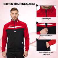 Rot Trainingsjacke für Herren mit Stehkragen, durchgehendem Frontreißverschluss und zwei Seitentaschen mit Reißverschluss, Vorderansicht.