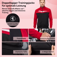 Nahaufnahme einer rot Trainingsjacke mit doppellagiger Stoffkonstruktion und sichtbarer Strickstruktur.
