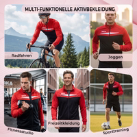 Mann trägt eine rot Trainingsjacke mit durchgehendem Frontreißverschluss und Stehkragen, aufgenommen in einer Outdoor-Umgebung.