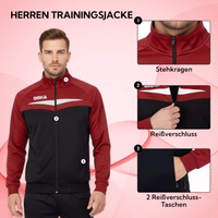 Weinrot Trainingsjacke für Herren mit Stehkragen, durchgehendem Frontreißverschluss und zwei Seitentaschen mit Reißverschluss, Vorderansicht.