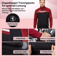 Nahaufnahme einer weinrot Trainingsjacke mit doppellagiger Stoffkonstruktion und sichtbarer Strickstruktur.