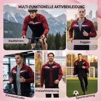 Mann trägt eine weinrot Trainingsjacke mit durchgehendem Frontreißverschluss und Stehkragen, aufgenommen in einer Outdoor-Umgebung.