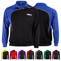 Die Omka Herren-Fußballjacke in Blau und Schwarz, dargestellt in Vorder- und Rückansicht. Die leichte Joggingjacke verfügt über einen Stehkragen, einen Frontreißverschluss und besteht aus 100 % Polyester.