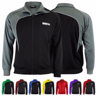 Front and back views of the Omka men's sport jacket in a sleek gray/black color. This premium soccer and training jacket features long sleeves, a lightweight 100% polyester fabric, and a convenient front zipper closure.