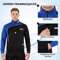 Men's training jacket with text: stand-up collar, zipper, 2 zippered pockets. Details numbered 1 through 3.