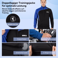 Blue/Black training jacket by OMKA with text: Double-layered, elastic cuffs, elastic waistband, 4-way stretch.