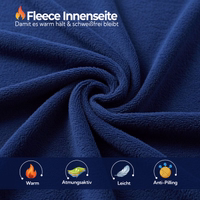 Blue/Black fleece lining with text: Fleece lining, warm, breathable, lightweight, anti-pilling, and icons.