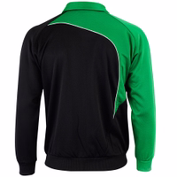 Explore this men’s sport jacket from the back and appreciate its sleek green and black color scheme, double-layered design, and reflective piping. This premium, luxurious piece is available online with free delivery.