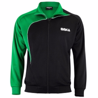 Front view of a green and black Omka soccer jacket, featuring a full-length zipper closure. Made from 100% polyester, this gym and training jacket includes long sleeves and is ideal for jogging or athletic activities.