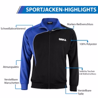 Herren-Sportjacke aus 100 % Polyester mit atmungsaktivem, schweißableitendem Stoff. Ausgestattet mit verstellbaren Bündchen und Bund für eine individuelle Passform, seitlichen Reißverschlusstaschen für sichere Aufbewahrung und einem markenprägten Reißversc