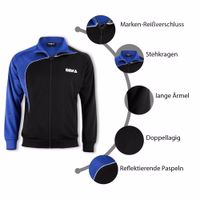 Die Omka Sportjacke im eleganten Blau-Schwarz-Design verfügt über einen markenprägten Reißverschluss und einen Stehkragen. Mit langen Ärmeln und einer modischen doppellagigen Konstruktion ist sie zudem mit reflektierenden Paspeln für verbesserte Sichtbarke