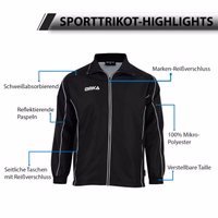 Omka Herren-Fußballjacke, gefertigt aus 100 % Mikropolyester. Diese Jacke bietet schweißabsorbierenden Komfort und reflektierende Paspeln für bessere Sichtbarkeit. Sie verfügt über einen verstellbaren Bund und seitliche Reißverschlusstaschen.