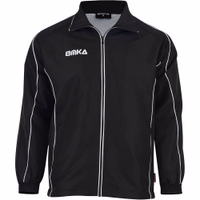 Vorderansicht der Omka-Sportjacke in Schwarz mit weißen Akzenten. Sie verfügt über lange Ärmel, reflektierende Paspeln und einen durchgehenden Frontreißverschluss. Hergestellt aus 100 % Polyester mit V-Ausschnitt und schweißabsorbierenden Eigenschaften – i