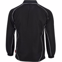 Rückansicht einer Omka-Sportjacke mit durchgehendem Frontreißverschluss, langen Ärmeln und V-Ausschnitt. Sie verfügt über weiße Akzente, reflektierende Paspeln für bessere Sichtbarkeit, einen Markenreißverschluss und ein atmungsaktives Mesh-Futter für erhö