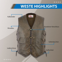 Die Premium-Braune Leder-Motorradweste von RadMasters ist für Biker gemacht, die Haltbarkeit & Komfort suchen. Klassisches Design mit Kalbsleder, Karabiner-Verschluss, Seitentaschen, Flechtdetails & Lederkordel. Stilvoll & selbstbewusst fahren.