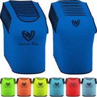 Front and back view of German Wear 10-Pack Soccer Royal Blue Bibs crafted with breathable mesh fabric and elastic short sleeves, lightweight durable vests ideal for football and team training, buy now