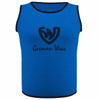 Front view of German Wear 10-Pack Soccer Royal Blue Bibs showing premium air mesh texture, soft elastic fit and short sleeves for comfort, perfect for soccer and multi-sport training, shop online today