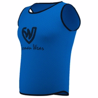 Side view of German Wear 10-Pack Soccer Royal Blue Bibs featuring lightweight air mesh fabric, elastic comfort and soft short sleeves, easy to wash and durable for long lasting sports use, buy now