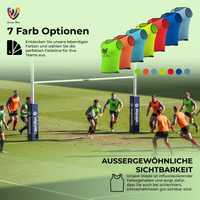Features Show of German Wear 10-Pack Soccer Green Bibs highlighting elastic fabric, air mesh breathability, soft comfort and short sleeves, made for soccer training and team activities, shop now