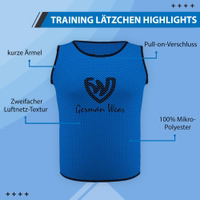 The German Wear 10-Pack Soccer Royal Blue Bibs made from lightweight elastic mesh fabric, washable and customizable for teams, soft breathable design ensures comfort for all age players, buy online now