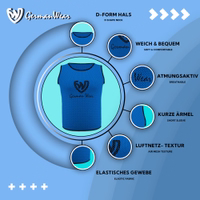 Features Show of German Wear 10-Pack Soccer Royal Blue Bibs highlighting durable elastic mesh, short sleeve comfort, breathable texture and lightweight build for team training sessions, shop now