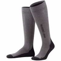Vorderansicht deutscher Kompressionssportsocken in Mittelgrau mit anatomischer Passform und weicher Frotteesohle. Ideal für Radfahren, Laufen und Alltag. Langlebige, atmungsaktive Baumwollmischung für Herren und Damen.