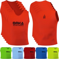 Front and Back view of OMKA 6-Pack Sport Orange Bib showcasing lightweight, breathable polyester mesh training bibs with D-Shape Neck for maximum comfort during sports sessions. Buy now.