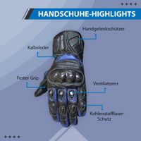 Blue motorbike &German Leather Gloves. Designed for modern bikers, the calfskin gloves offers better grip, wrist protectors, a Velcro strap, ventilators, and carbon fiber protection. Lined with soft fleece, they ensure warmth &comfort on chilly rides.