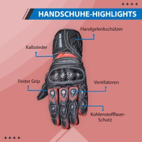 Rote Motorradhandschuhe & deutsche Lederhandschuhe. Für moderne Biker: Kalbsleder, besserer Griff, Handgelenksschutz, Klettverschluss, Belüftung und Carbonfaser-Schutz. Mit weichem Fleecefutter für Wärme und Komfort bei kühlen Fahrten.