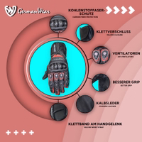 Fahren Sie sicher mit roten/schwarzen Motorradhandschuhen aus Leder. Mit weichem Fleecefutter, Kalbsleder, Klettverschluss, Belüftung, sicherem Griff und Carbonfaser-Schutz. Stilvoll fahren & kostenlose Lieferung nutzen.