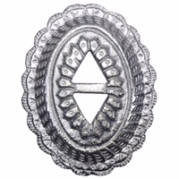 Front view of silver conchos for motorcycle vest. Durable 100% metal biker vest conchos, perfect for leather vests, jackets, hats, belts, and western kutte with a vintage silver style.