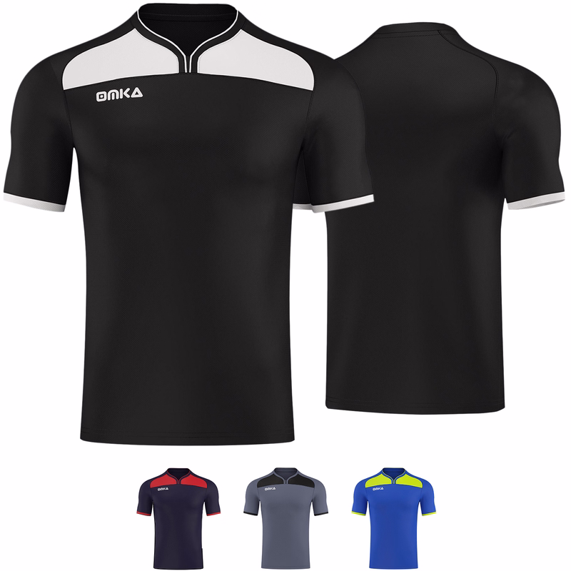 OMKA Fußballtrikot Teamkleidung Vorder- und Rückansicht eines schwarzen Omka-Fußballtrikots. Das Trikot hat ein „OMKA”-Logo auf der Brust. Es hat weiße Schulterpartien und ist aus atmungsaktivem Material gefertigt. Es handelt sich um ein kurzärmeliges Sporttrikot mit U-Ausschnitt.