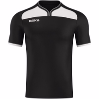 Front view of a black Omka football shirt, crafted from 100% polyester. This breathable U-neck sport shirt is designed for optimal comfort during workouts. The fabric ensures a sleek, athletic fit suitable for various sports activities.