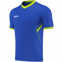 OMKA Men's Polyester Soccer Jersey - Teamwear for Football Side view of a blue Omka sport shirt featuring short sleeves, with a green accent and the Omka logo on the chest. Designed as a football jersey, it highlights the World Championship theme.