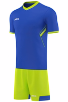 Blaue Seitenansicht mit Trikot und Shorts, athletisch geschnittene Teamwear für Herrenfußball, Training, Rugby und verschiedene Sportarten.
