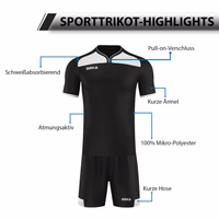 Omka schwarzes Sportset mit kurzärmeligem Trikot und passenden Shorts. Ausgestattet mit Pull-on-Verschluss, gefertigt aus 100 % Mikropolyester für schweißabsorbierende und atmungsaktive Eigenschaften – für optimalen Komfort.