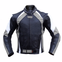 Motorrad-Kombi-Jacke aus Rindsleder Motorrad-Kombi-Jacke in Grau, Vorderansicht, aus Rindsleder gefertigt, verfügt über einen Klettverschluss am Ende des Reißverschlusses. Ausgestattet mit Protektoren, bietet sie zudem eine klettverstellbare Taille.