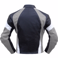 Motorrad-Kombi-Jacke aus Rindsleder Die graue Herren-Motorradjacke zeigt die Rückansicht mit zahlreichen Protektoren. Sie verfügt über einen weiter geschnittenen Ellbogenbereich für besseren Schutz bei Rutschunfällen, Klettverschlüsse am Kragen und am unteren Saum oberhalb des Hauptreißversc