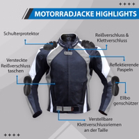 Motorrad-Kombi-Jacke aus Rindsleder Die graue Herren-Motorradjacke zeigt ein Frontdesign mit Reißverschluss- und Klettverschlüssen. Sie ist mit Protektoren ausgestattet und verfügt über zwei versteckte Front-Reißverschlusstaschen, eine Innentasche, reflektierende Paspeln sowie atmungsaktives