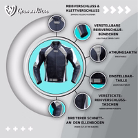 Motorrad-Kombi-Jacke aus Rindsleder Graue Herren-Motorradjacke in der Vorderansicht, sorgfältig aus Lederstoff mit einem Innenfutter aus Polyester gefertigt. Die Jacke ist mit Protektoren an Schultern, Ellbogen und Rücken ausgestattet. Zudem sind die Ärmelbündchen mit Reißverschlussverschlüs