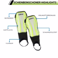 Feature view of green shin guards showing close-up of EVA foam padding, Velcro fastening, and durable protective shell.