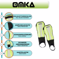 Detailed display of OMKA green soccer shin pads, emphasizing breathable comfort, ankle support, and ergonomic fit.