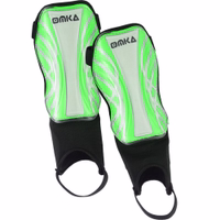 Single green shin guard product image, highlighting durable polypropylene shell, breathable design, and secure Velcro closure.